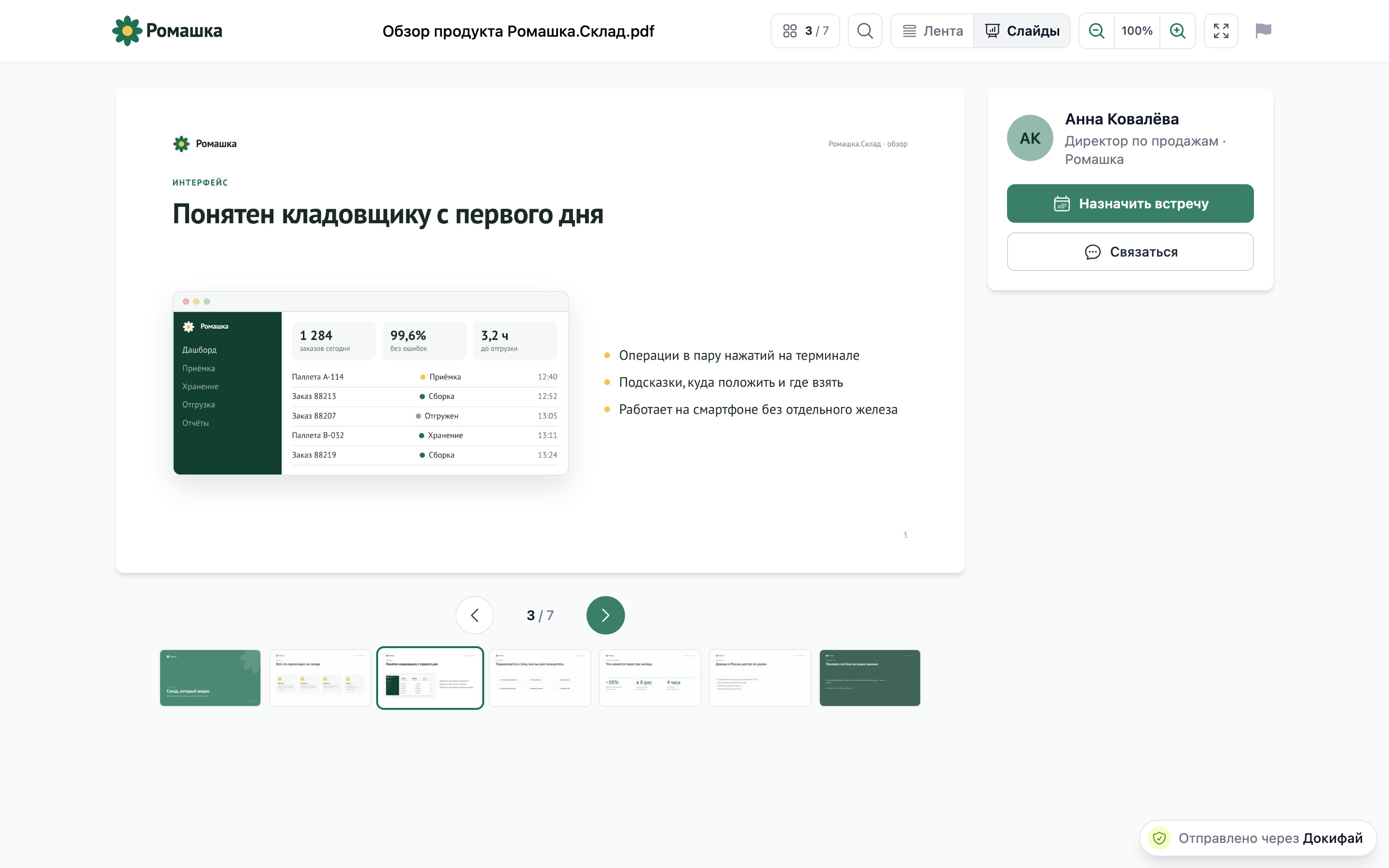 презентация слайдами, рядом карточка отправителя